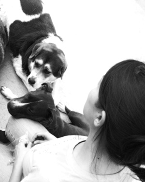 anna and her dogs black & white